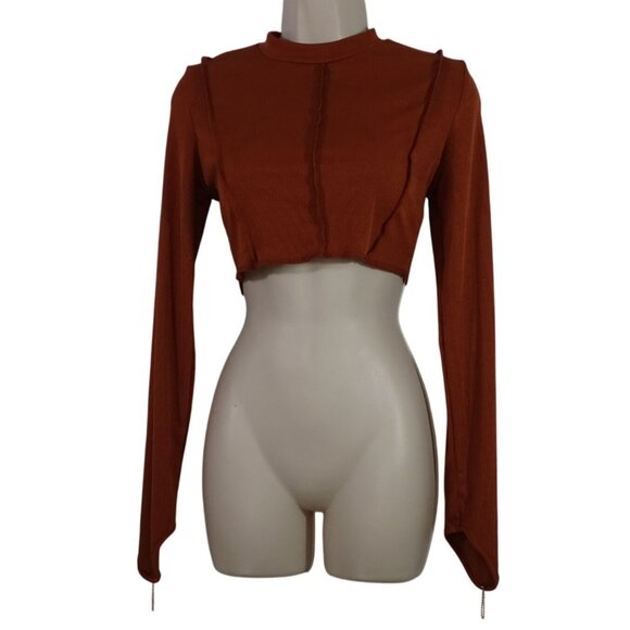Brown 2-Piece Ribbed Long Sleeve Crop Top and Wide Leg Pants Women Size L - Picture 2 of 16